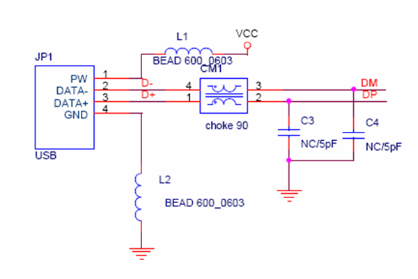 USB 端口的滤波处理－使用共模电感